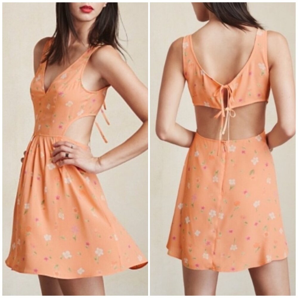 REFORMATION MURCIA MINI DRESS PEACH SORBET FLORAL CUT OUT TIE BACK WOMENS SIZE 6